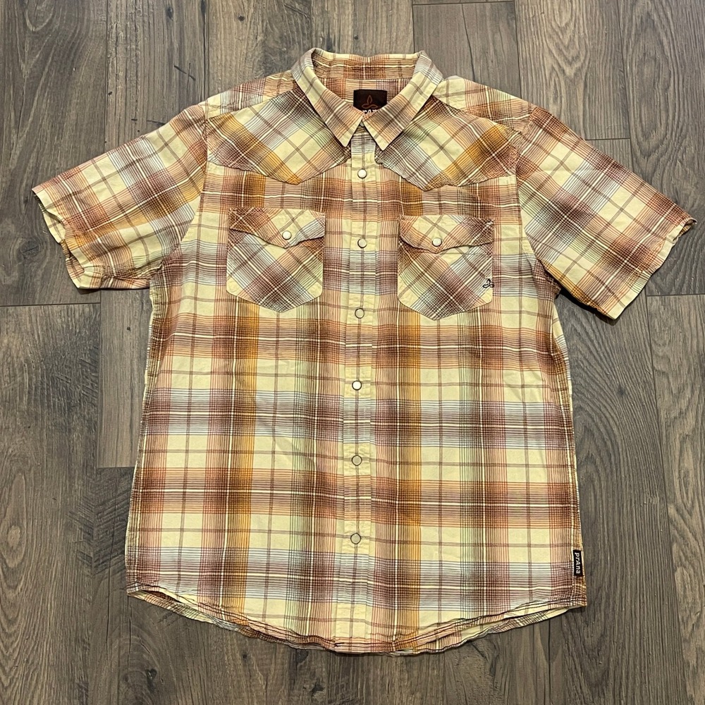 Prana Mens Western Plaid Snap Front Organic Cotton Short Sleeve Shirt Tan Med